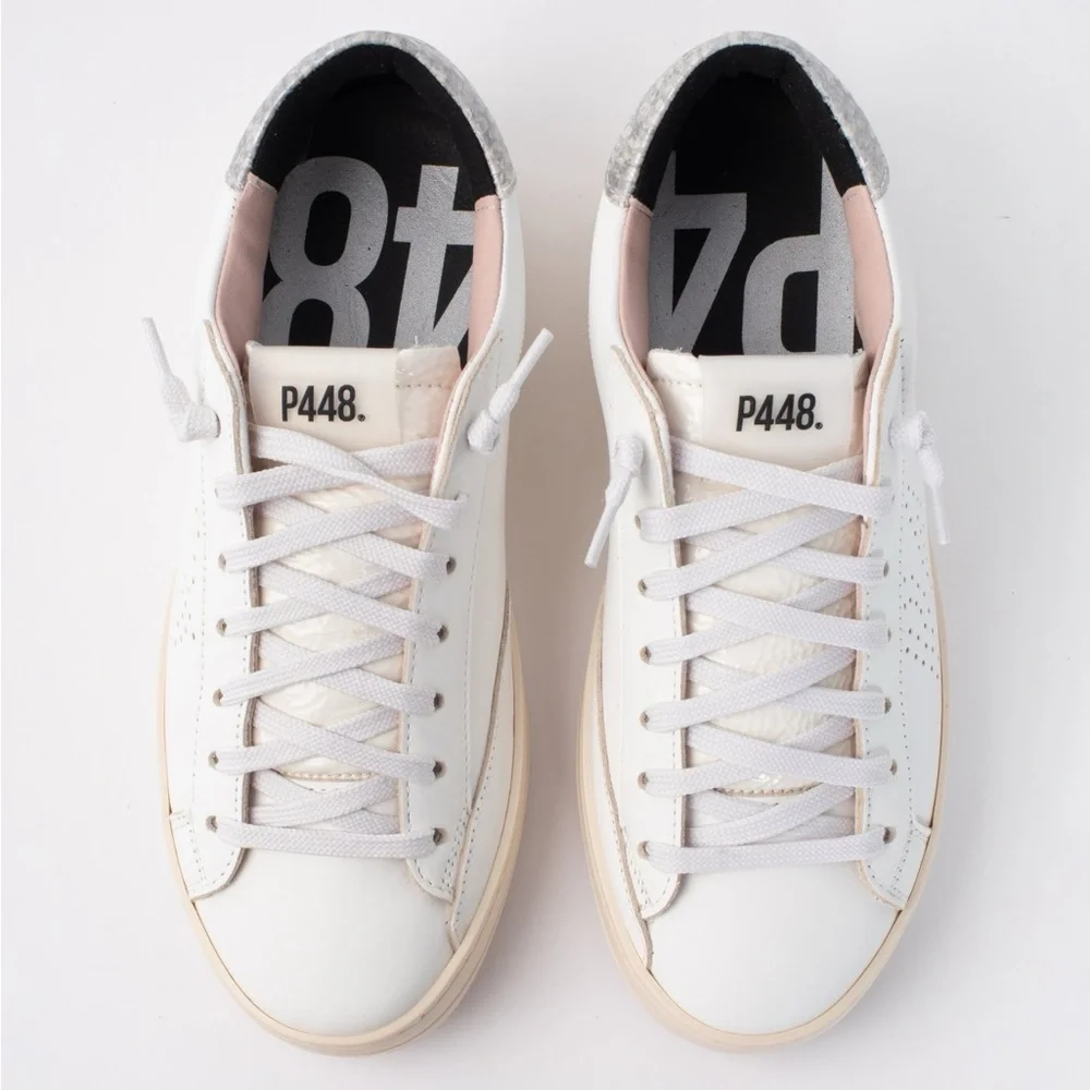 P448 John Silver White Sneakers with Pink Soles & Gray Laces - Size 37 - Picture 2 of 16